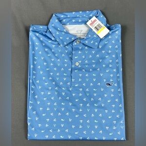 Vineyard Vines Golf Shirt Polo Fly Toss Print Medium Wave Blue Polyester